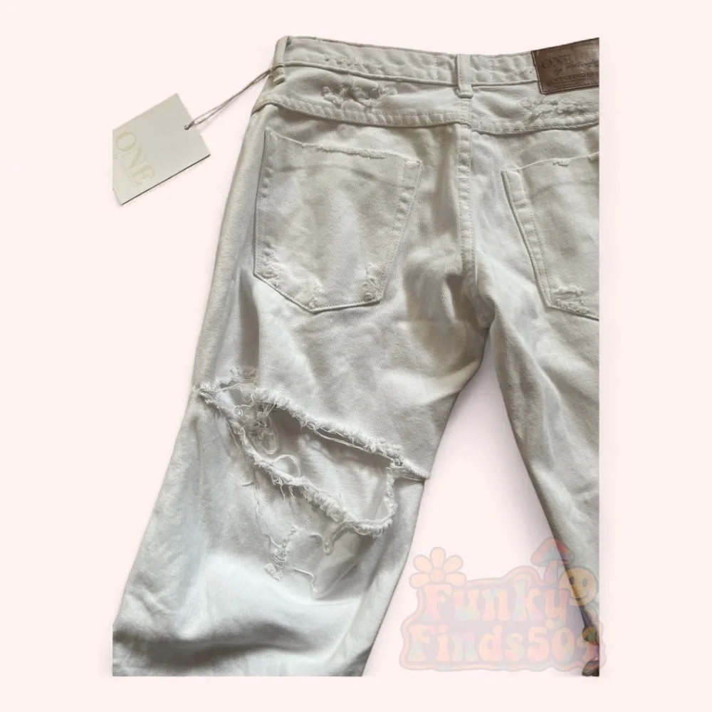 One Teaspoon White Westender Distressed Flare Jeans Low Rise Ripped Barrel Sz 26